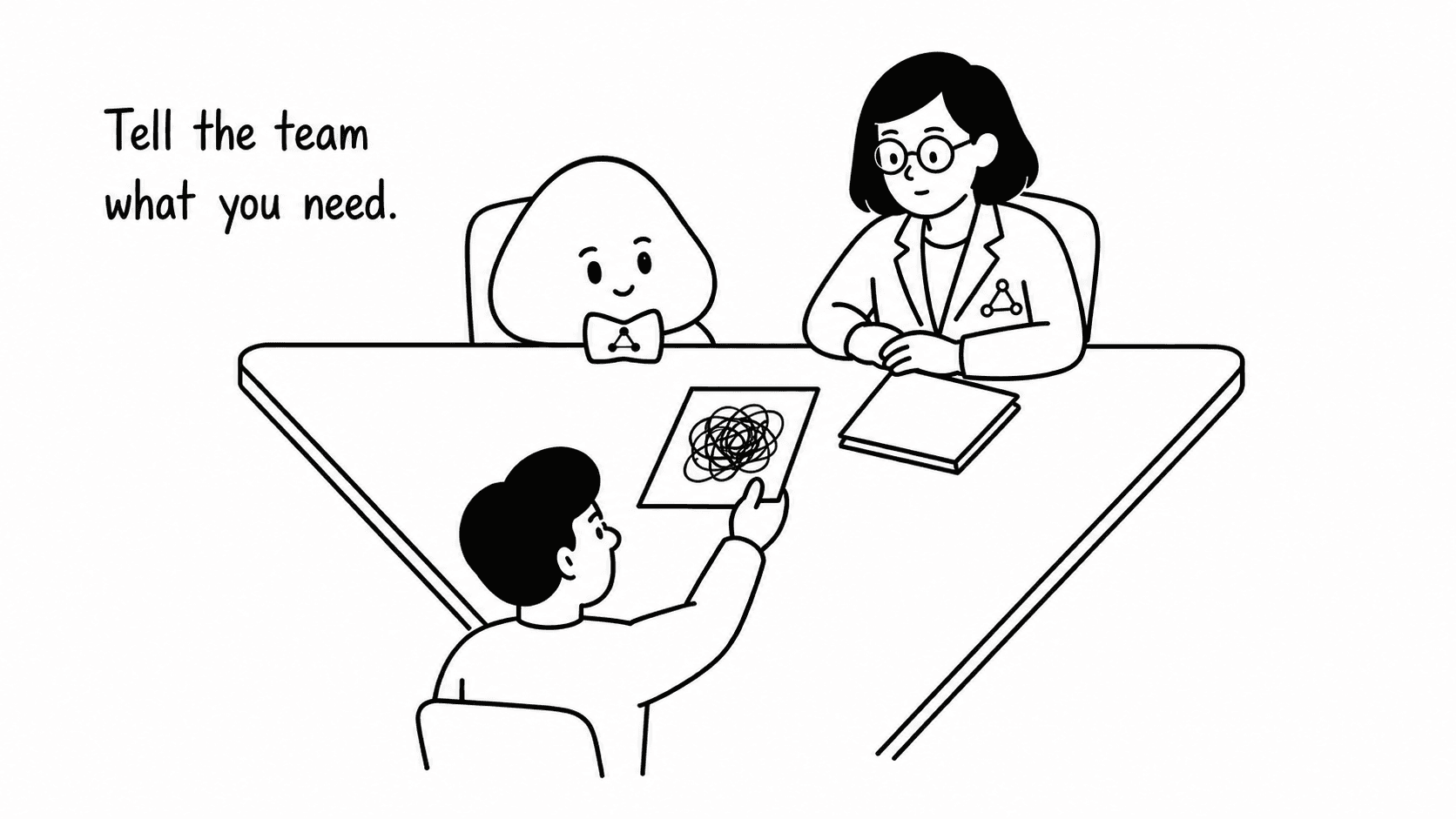 A buyer tells the agent and expert team what he needs across a shared table.