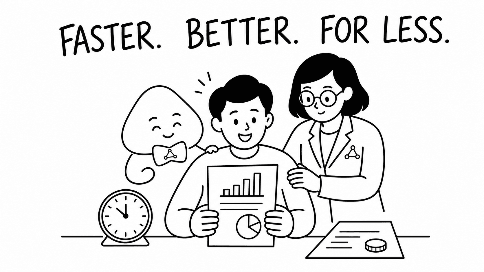 A satisfied buyer holds the finished professional result with the agent and expert. Text reads: Faster. Better. For less.